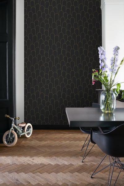 ESTAhome Tapete Art Decó Muster Schwarz und Gold - 50 x 900 cm - 139658