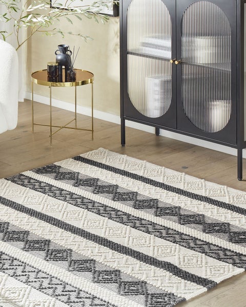 Teppich Wolle beige / grau 200 x 200 cm geometrisches Muster Kurzflor DAVUTLAR