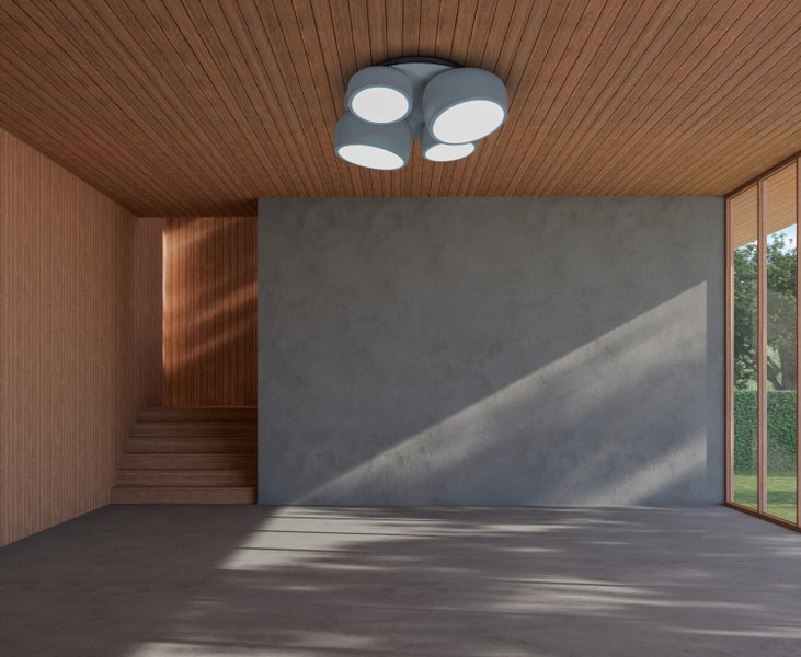 Technische Zeichnung einer Deckenleuchte mit vier Lampen und Maßangaben.