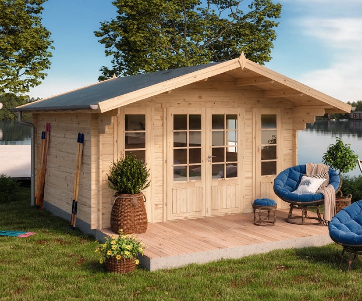 Alpholz Schwedenhaus Vaxholm Gartenhaus aus Holz, Holzhaus mit 34 mm Wandstärke Blockbohlenhaus, Naturbelassen