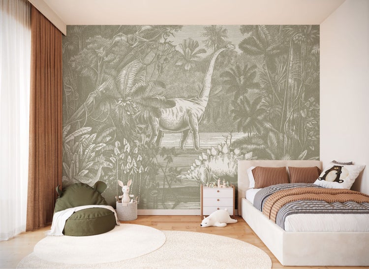 Kinderzimmer mit Dinosaurier-Dschungel-Tapete, Bett, Sitzsack und Spielzeug
