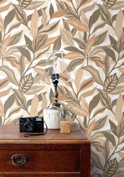 ESTAhome Tapete tropische Blätter Beige - 50 x 900 cm - 131039