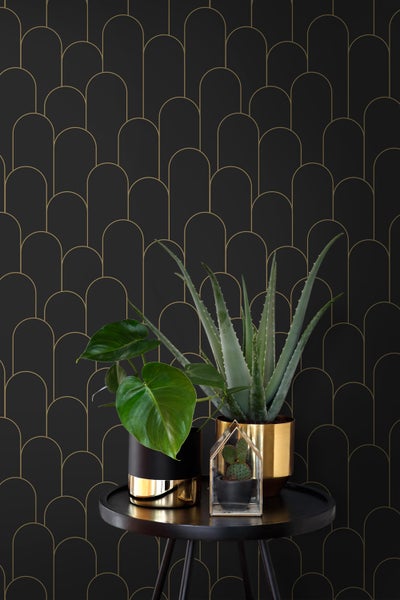 ESTAhome Tapete Art Decó Muster Schwarz und Gold - 50 x 900 cm - 139658