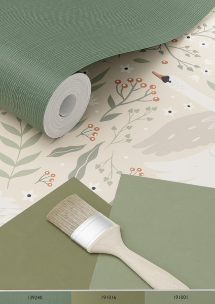 ESTAhome Tapete Schwäne Beige, Weiß und Graugrün - 53 cm x 10.05 m - 139797