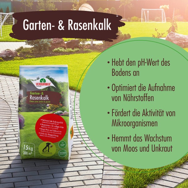 Verpackung Garten- und Rasenkalk vor einem gepflegten Garten mit Rasenfläche und Fußballtor