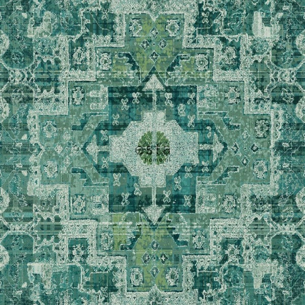 ESTAhome Tapete orientalisches Kelim-Patchwork Smaragdgrün - 53 cm x 10.05 m - 148659