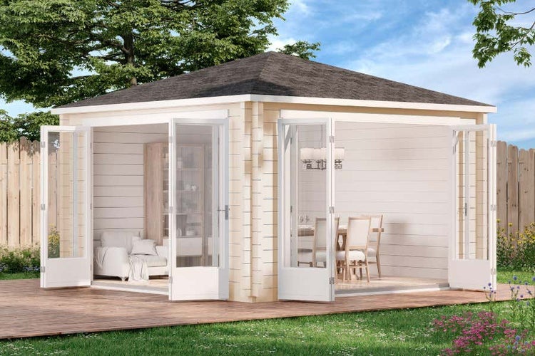 Alpholz Gartenhaus Sunshine ISO mit großer Falttür Gartenhaus aus Holz in natur, Holzhaus mit 70 mm Wandstärke FSC zertifiziert, Blockbohlenhaus mit Montagematerial imprägniert