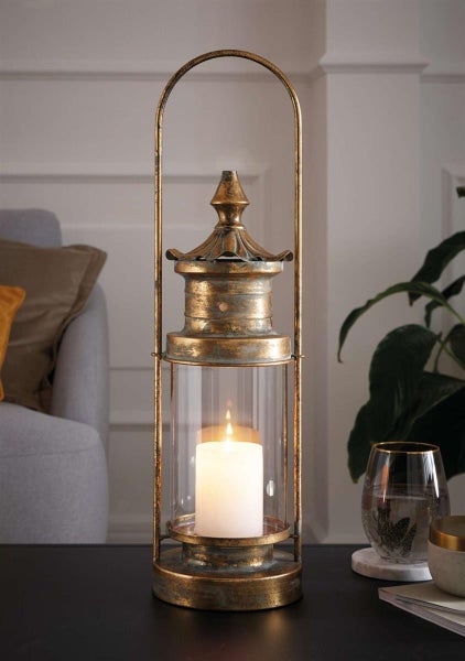 Dekoleidenschaft Laterne Gold aus Metall & Glas, 54 cm hoch, mit antiker Patina, Windlicht, Hängelaterne, Kerzenhalter, Gartenlaterne