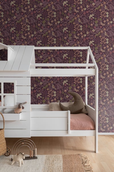 ESTAhome Tapete Blumen und Vögel Aubergineviolett - 50 x 900 cm - 131639