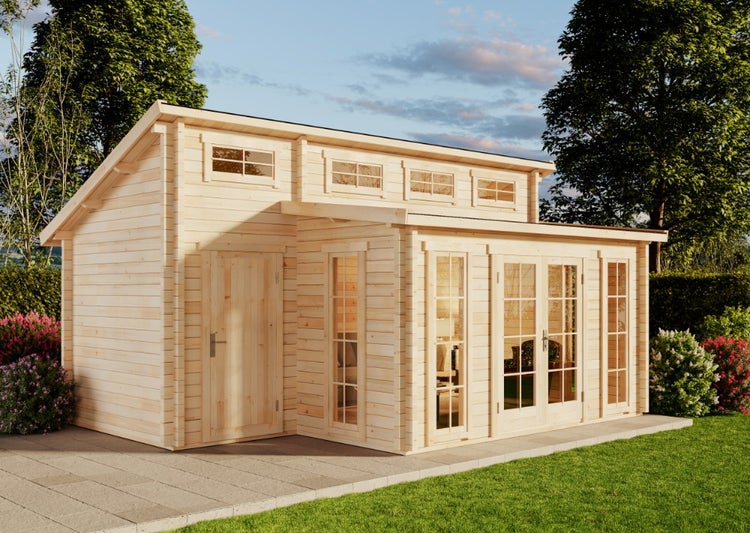 Modernes Gartenhaus aus Holz mit Pultdach, Fenstern und Doppeltür, im Garten auf einer gepflasterten Fläche platziert.