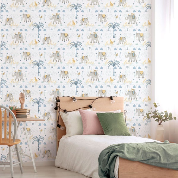 Sanders und Sanders Tapete Elefanten Blau, Grau und Weiß - 53 cm x 10.05 m - 640627