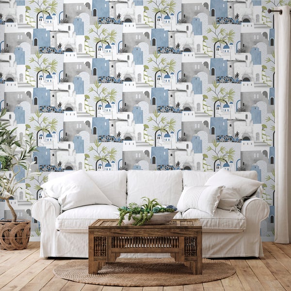 Sanders und Sanders Tapete Mediterrane Häuser Blau, Grau und Weiß - 53 cm x 10 m - 640081