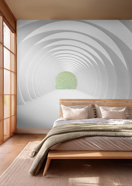 Schlafzimmer mit Fototapete mit Tunnelmotiv