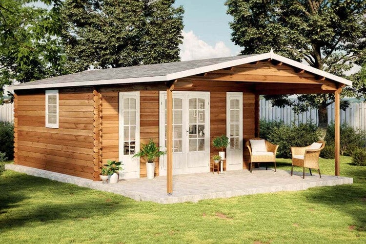 Alpholz Gartenhaus Nyborg-44 ISO Gartenhaus aus Holz, Holzhaus mit 44 mm Wandstärke inklusive Terrasse FSC zertifiziert, Blockbohlenhaus mit Montagematerial, Naturbelassen 5x8m