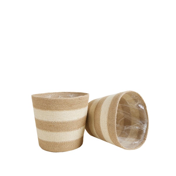 Bloomique - Geflochtener Blumentopf Gaby - Set mit 2 Töpfen - Beige - Jute - Korb für Pflanzen - Innen und Außen - H22x Ø21