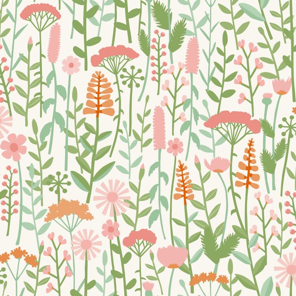 ESTAhome Tapete Feldblumen Grün und Rosa - 50 x 900 cm - 131546