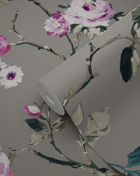 Origin Wallcoverings Tapete Blumen Taupe und Violett - 53 cm x 10.05 m - 347430