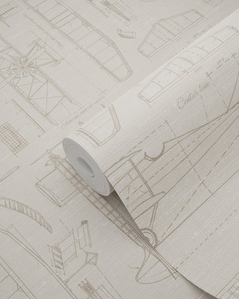 ESTAhome Tapete Kontruktionszeichnungen von Flugzeugen Beige und Sandbraun - 50 x 900 cm - 139959
