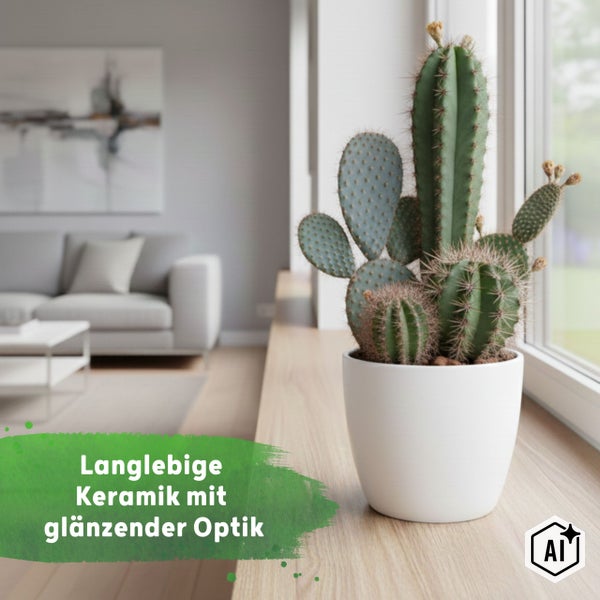 Verschiedene Kakteen in einem weißen, glänzenden Keramik-Übertopf auf einer Fensterbank aus hellem Holz in einem hellen, modernen Wohnzimmer.
