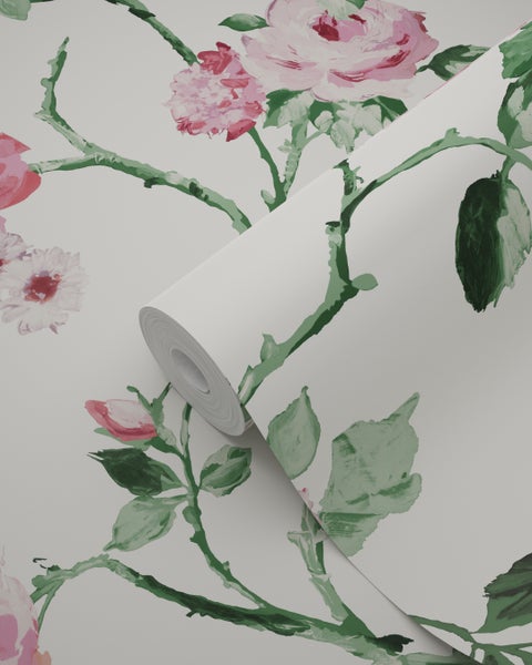 Origin Wallcoverings Tapete Blumen Crême-Weiß, Rosa und Grün - 53 cm x 10.05 m - 347434