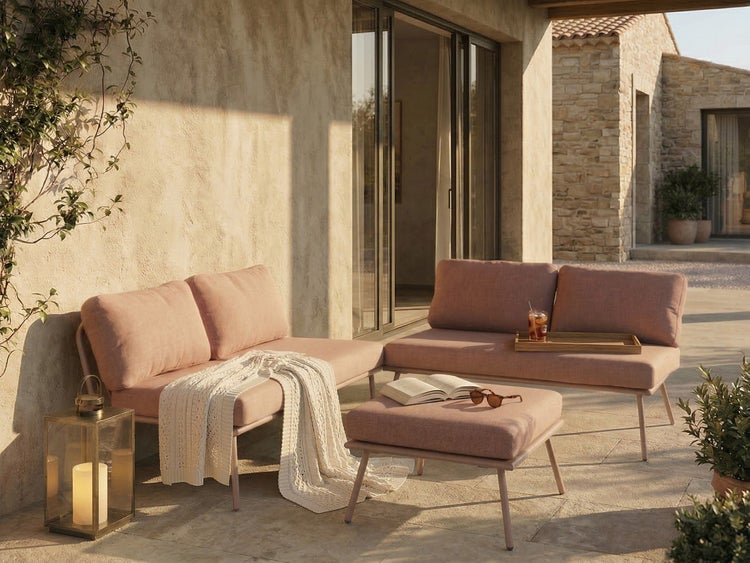 Rosa Gartenlounge-Set mit Sofa und Hocker auf einer sonnigen Steinterrasse mit Laterne und Decke.