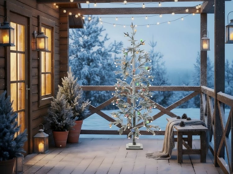 Winterliche Außendekoration mit Weihnachtsbaum, Laternen und Lichterkette auf einer Holzterrasse