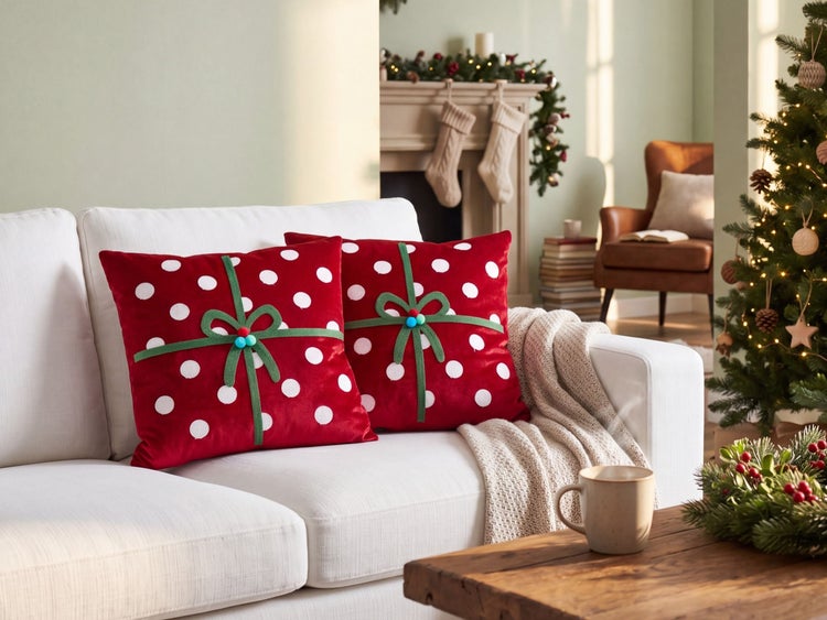Rote Dekokissen mit weißen Punkten und grüner Geschenkschleife auf einem weißen Sofa in einem festlich dekorierten Wohnzimmer mit Weihnachtsbaum.