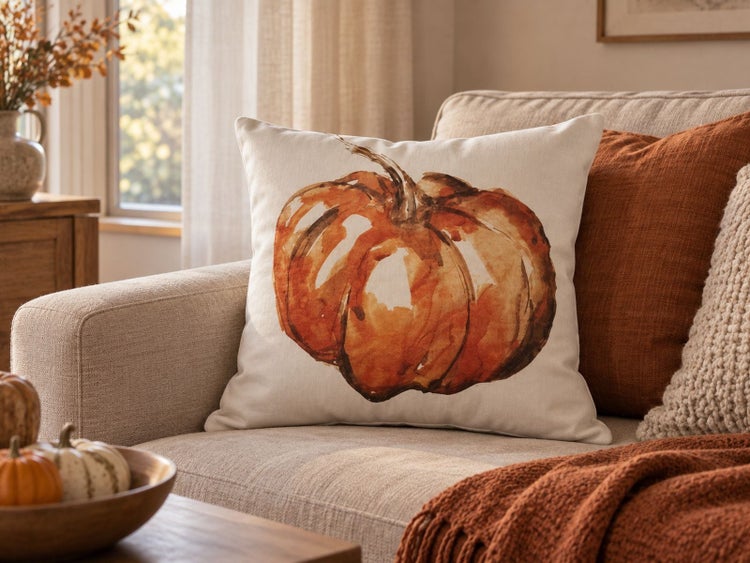 Quadratisches Dekokissen mit herbstlichem Kürbis Motiv im Aquarell Stil auf einem Sofa mit passender Decke und Herbstdekoration im Wohnzimmer.