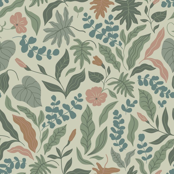 ESTAhome Tapete Blätter und Blumen Dunkelgrün, Blau und Rosa - 50 x 900 cm - 131053
