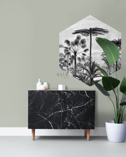 Szene mit einem schwarzen Marmorschrank, einer Zimmerpflanze in einem Topf und einem sechseckigen Dekoaufkleber.