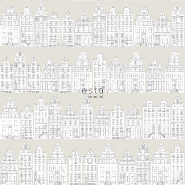 ESTAhome Tapete gezeichnete Amsterdamer Grachtenhäuser Hellgrau - 53 cm x 10.05 m - 138909