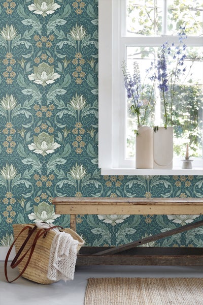 ESTAhome Tapete Blumenmuster im Jugendstil Seegrün - 50 x 900 cm - 131082