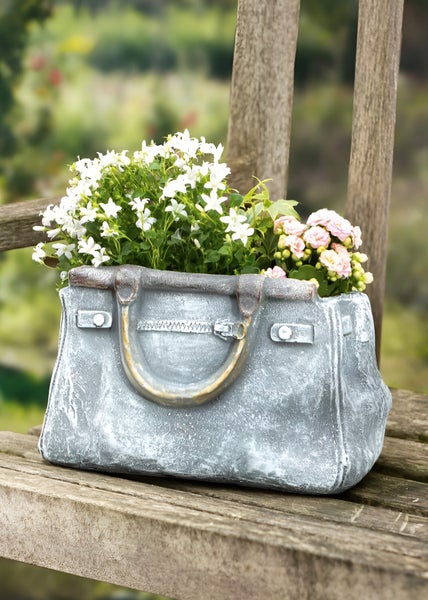 Dekoleidenschaft Blumentopf Handtasche in Stein Optik, Pflanztopf in Taschenform, Pflanzgefäß, Gartendeko für Draußen, Pflanzschale