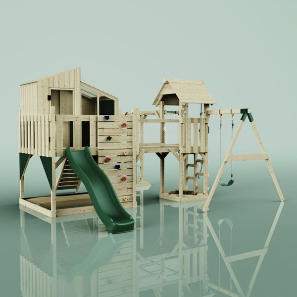 Spielturm mit Rutsche, Schaukel und Kletterwand für den Außenbereich