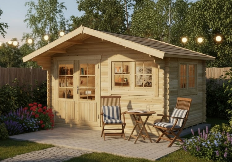 Holzgartenhaus mit Doppeltür, Fenstern, Gartenmöbeln und Dekoration