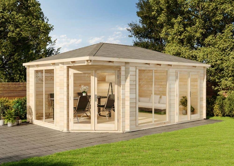 Alpholz 5-Eck Gartenhaus Julia-40 ISO Gartenhaus aus Holz, Holzhaus mit 40 mm Wandstärke FSC zertifiziert, Blockbohlenhaus mit Montagematerial, Naturbelassen 6,1x4,2m