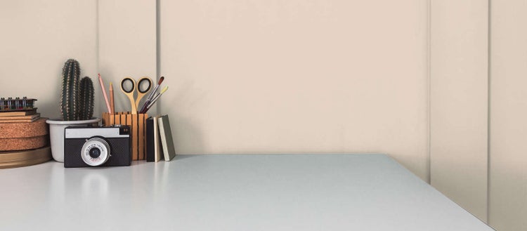 Hell gestalteter Schreibtisch mit Kaktus, analoger Kamera und Schreibutensilien vor einer beigefarbenen Wand mit Paneelen.