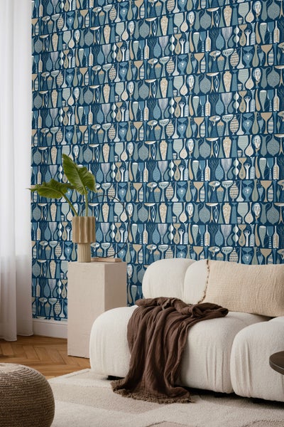 Borastapeter Tapete Vasen und Töpfen Blau - 53 cm x 10.05 m - 660688