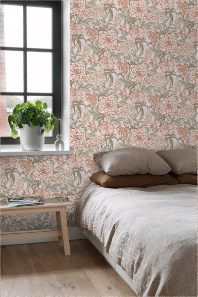 ESTAhome Tapete Blumenmuster Altrosa und Grün - 53 cm x 10.05 m - 139479