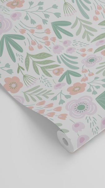 ESTAhome Tapete Blumen Grün, Orange und Violett - 50 x 900 cm - 131064