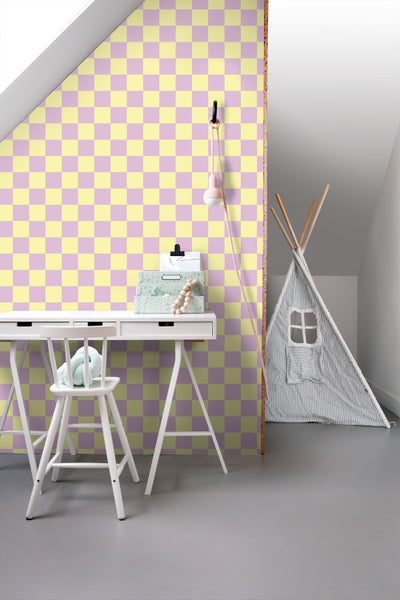 ESTAhome Tapete Karomuster Violett und Gelb - 53 cm x 10.05 m - 131134
