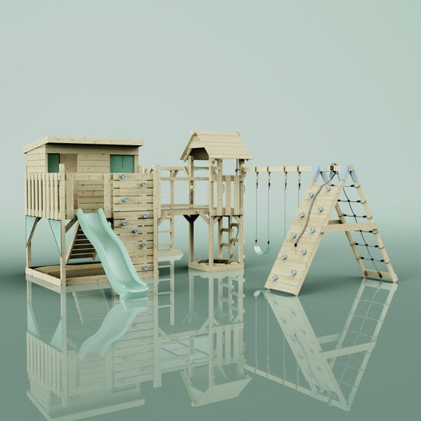 Spielplatz mit Spielhaus, Rutsche, Kletterwand, Schaukel und Klettergerüst aus Holz