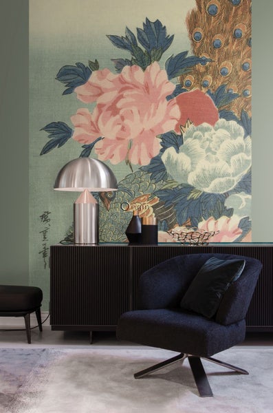 Origin Wallcoverings Fototapete Pfau und Pfingstrosen Altrosa, Grün und Blau - 2 x 3 m - 357233