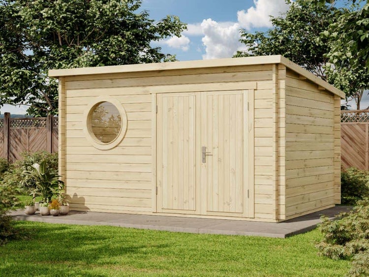 Alpholz Gartenhaus Maria-Rondo B aus Massiv-holz, Gerätehaus mit 44 mm Wandstärke, Garten Holzhaus mit Imprägnierung (pinie), Geräteschuppen Größe: 400 x 300 cm, Pultdach