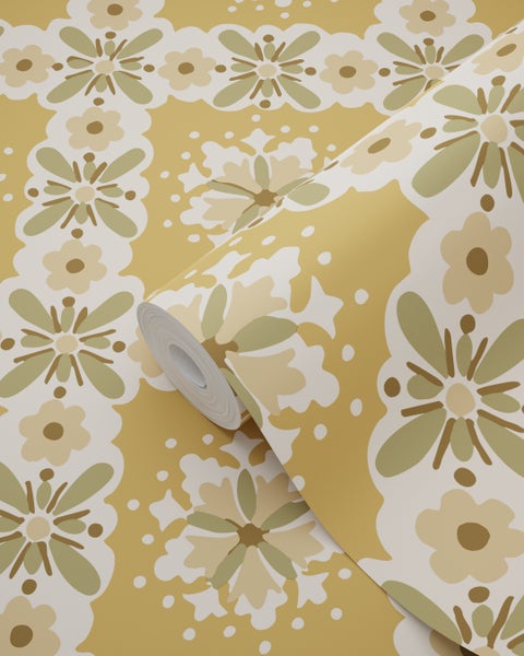 ESTAhome Tapete Blumenmuster Ockergelb und Grün - 50 x 900 cm - 131503