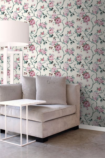 Origin Wallcoverings Tapete Blumen Crême-Weiß und Hellrosa und Grün - 53 cm x 10.05 m - 347433