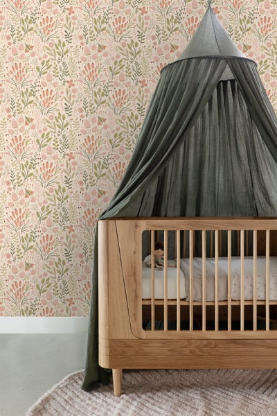 ESTAhome Tapete Blätter und Blumen Olivgrün und Terrakotta - 50 x 900 cm - 131390