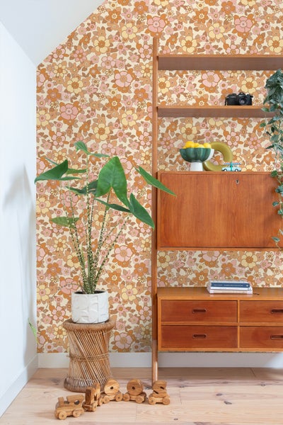 ESTAhome Tapete Retro Blumen Orange und Rosa - 50 x 900 cm - 131532