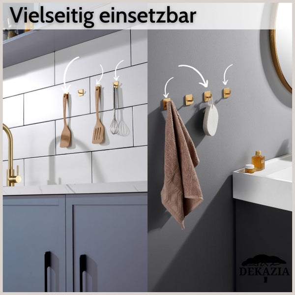Wandhaken aus Metall in einer Küche mit Küchenutensilien und in einem Badezimmer mit einem Handtuch und einem Schwamm. Dekazia Logo.