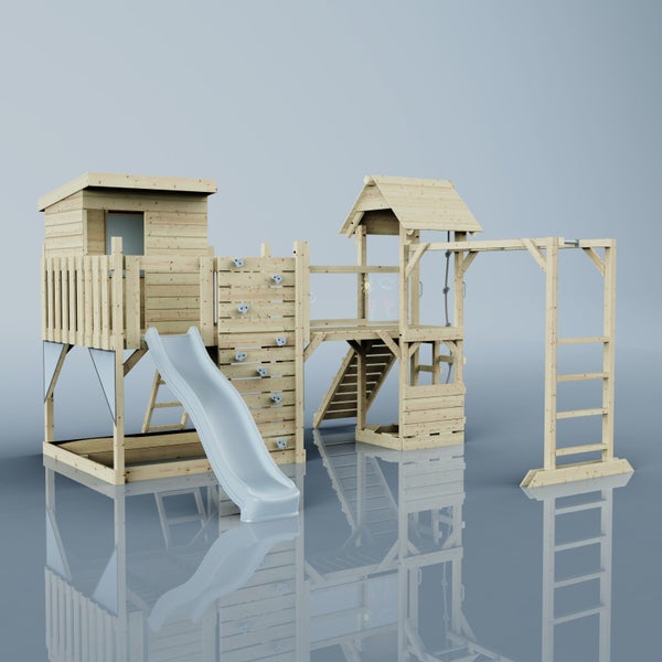 Spielplatz aus Holz mit Rutsche, Kletterwand und Schaukel